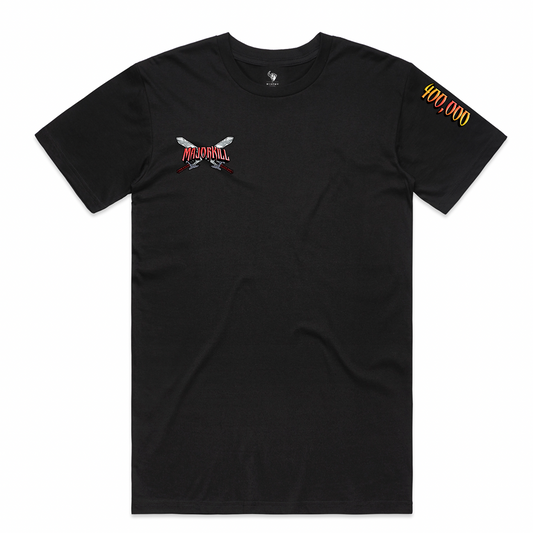 Celebrating the milestone achievement of reaching 400,000 YouTube subscribers, MajorKill has released exactly 400 premium black tees that include a screen printed hand written message to his loyal followers.  Don't miss out on this super limited piece and see what Major would like to share with you!