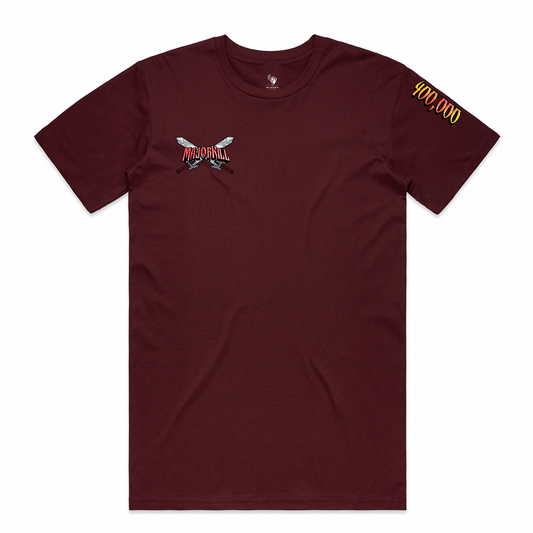 Celebrating the milestone achievement of reaching 400,000 YouTube subscribers, MajorKill has released exactly 400 premium burgundy tees that include a screen printed hand written message to his loyal followers.  Don't miss out on this super limited piece and see what Major would like to share with you!